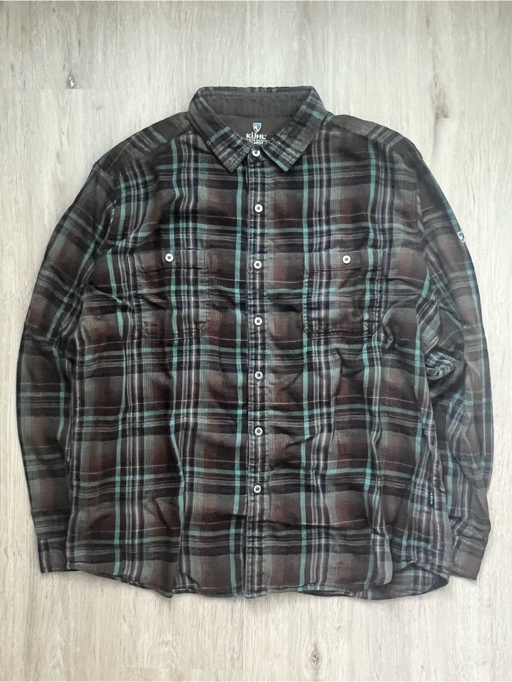 Kuhl Dillingr Flannel Shirt Mens XL Brown Plaid Button Up Long Sleeve Hiking